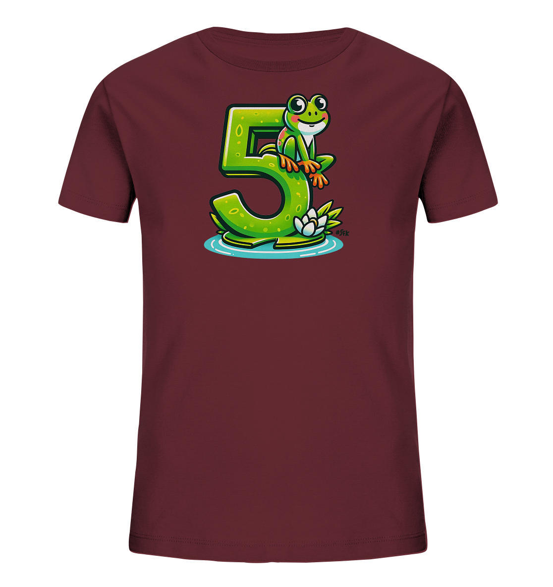 Onlineshop Shirts für Kinder - Das Bild zeigt ein bordeauxrotes T-Shirt für Kinder mit einem großen, grünen Aufdruck der Zahl '5' auf der Vorderseite. Ein freundlicher Cartoon-Frosch mit großen Augen sitzt auf der Oberseite der Zahl. Das Motiv ist von Wasser umgeben und enthält eine Wasserlilie mit Blättern. Dieses Design ist farbenfroh und verspielt, ideal für den fünften Geburtstag oder als alltägliches Kleidungsstück.