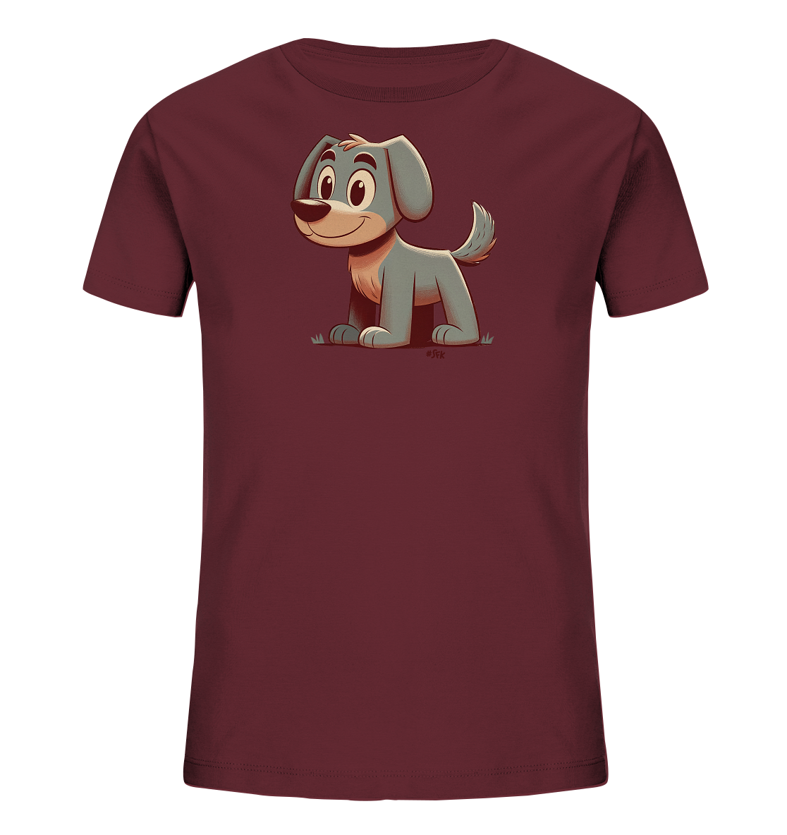 Onlineshop Shirts fuer Kinder - Das Bild zeigt ein dunkelrotes T-Shirt fuer Kinder mit einem niedlichen Cartoon-Hund auf der Vorderseite. Der Hund ist grau mit hellem Bauch, sitzt in einer freundlichen Pose und hat grosse, ausdrucksstarke Augen. Er laechelt und sein Schwanz wedelt leicht, dargestellt auf einem kleinen Stueck Gras. Das Design wirkt verspielt und ansprechend fuer Kinder.