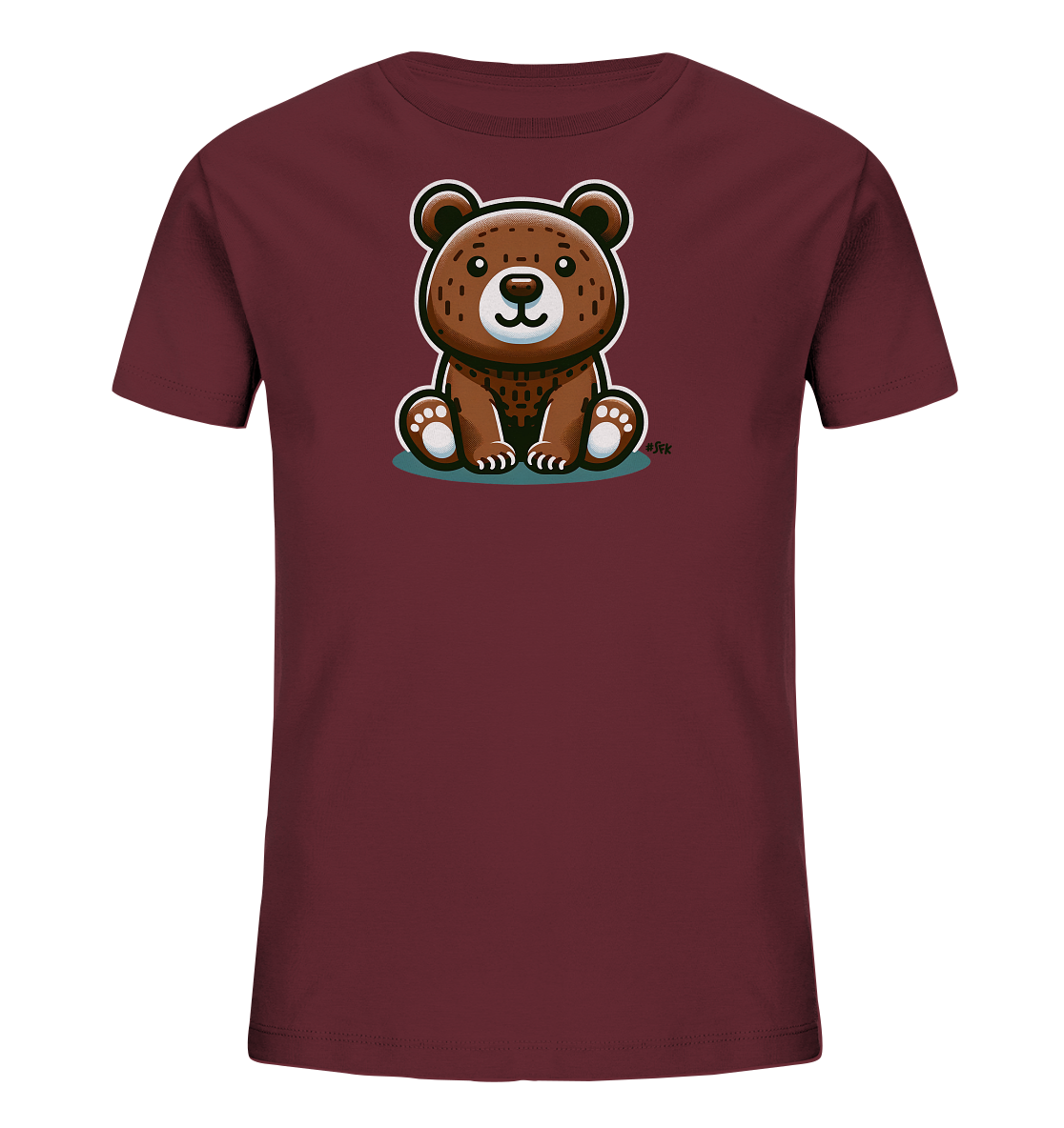 Onlineshop Shirts fuer Kinder - Das Bild zeigt ein dunkelrotes Kinder-T-Shirt mit einem zentralen Aufdruck. Der Aufdruck stellt einen niedlichen, sitzenden Cartoon-Baeren dar, der freundlich laechelt. Der Baer hat braunes Fell mit einem Muster auf dem Bauch und sitzt auf einer blau-grauen Flaeche. Die Gestaltung wirkt liebevoll und ansprechend fuer Kinder.