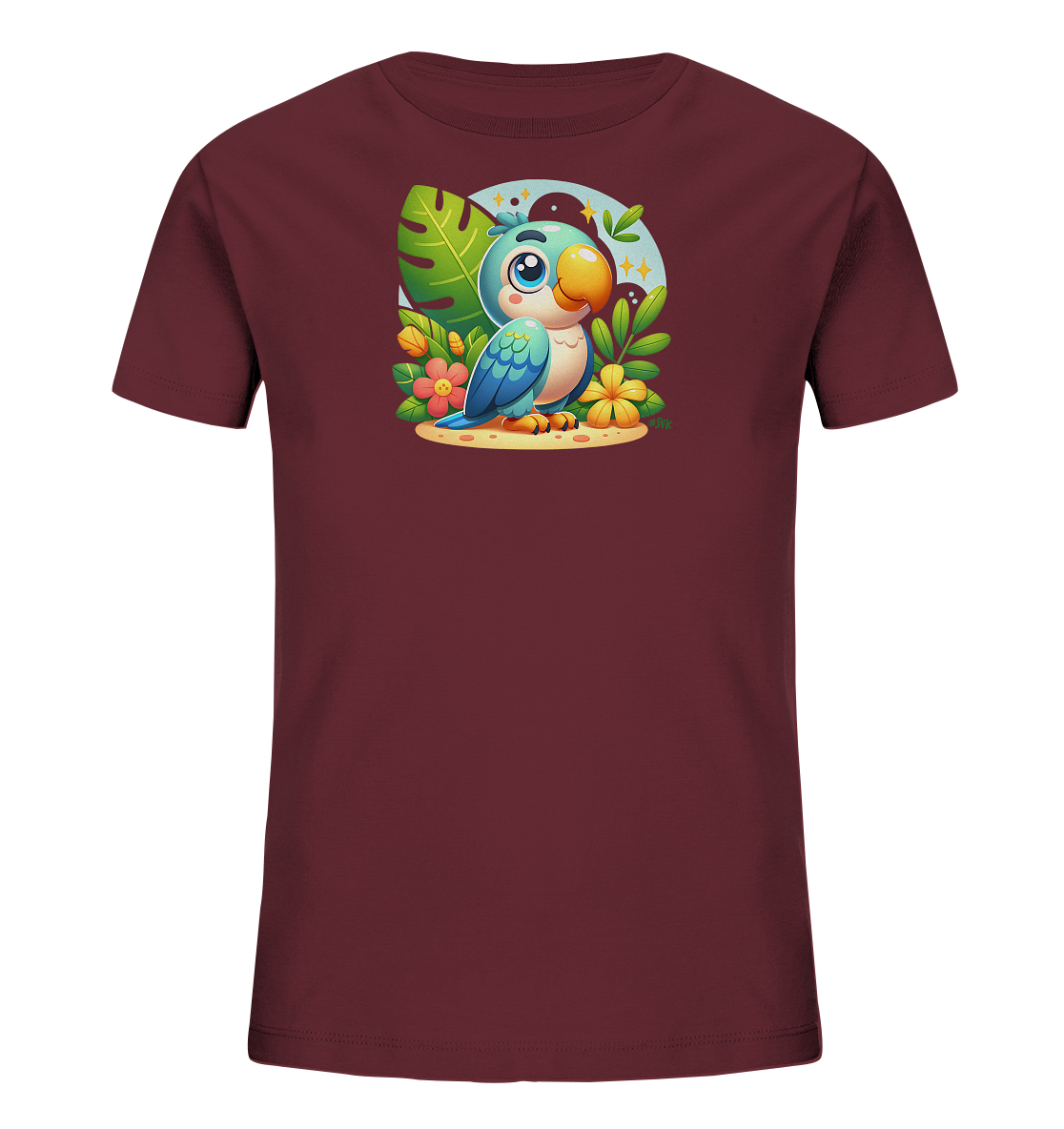 Onlineshop Shirts fuer Kinder - Das Bild zeigt ein Kindershirt in dunklem Bordeauxrot mit einem lustigen Papagei-Motiv auf der Vorderseite. Ein cartoonartiger blauer Vogel sitzt inmitten von Blaettern und Blumen auf einer Sandflaeche. Ein heller Kreis mit Sternen bildet den Hintergrund des farbenfrohen Designs.