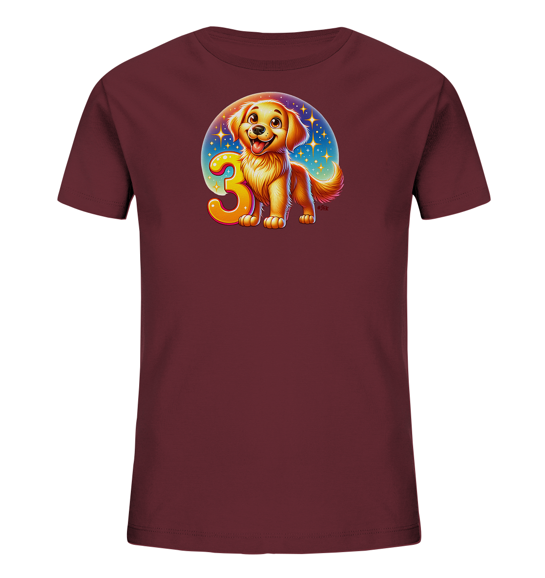 Onlineshop Shirts fuer Kinder - Das Bild zeigt ein dunkelrotes T-Shirt fuer Kinder mit einem runden, farbenfrohen Aufdruck. Zu sehen ist ein freundlicher Golden Retriever Hund, der neben der grossen, orangefarbenen Zahl '3' sitzt. Der Hintergrund des Aufdrucks stellt einen sternenklaren Himmel in Blau- und Lilatoenen dar. Das gesamte Design wirkt froehlich und einladend fuer junge Hundefans.