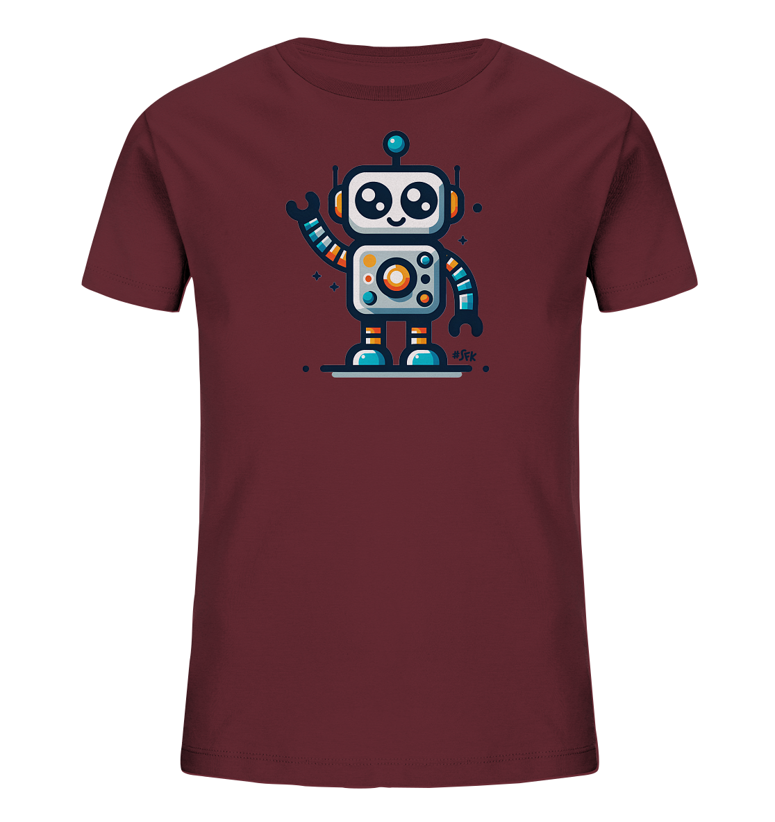 Onlineshop Shirts fuer Kinder - Das Bild zeigt ein dunkelrotes Kinder T-Shirt. Auf der Vorderseite ist ein freundlicher, bunter Cartoon-Roboter abgebildet. Der Roboter steht aufrecht, hat grosse Augen und winkt. Kleine Sterne und Punkte umgeben die Figur.