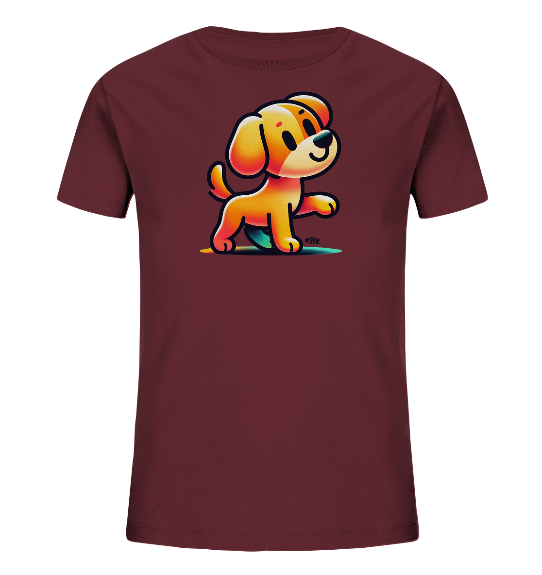 Onlineshop Shirts fuer Kinder - Das Bild zeigt ein dunkelrotes T-Shirt fuer Kinder. Auf der Vorderseite ist ein niedliches, cartoonartiges Welpenmotiv abgebildet. Der orange-braune Hund steht mit einer erhobenen Pfote und blickt freundlich nach vorne. Das farbenfrohe Design auf dem Shirt wirkt lebendig und ansprechend.