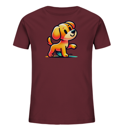 Kinder T-Shirt mit hellbraunem Cartoon-Hund, Lächeln und erhobener Pfote