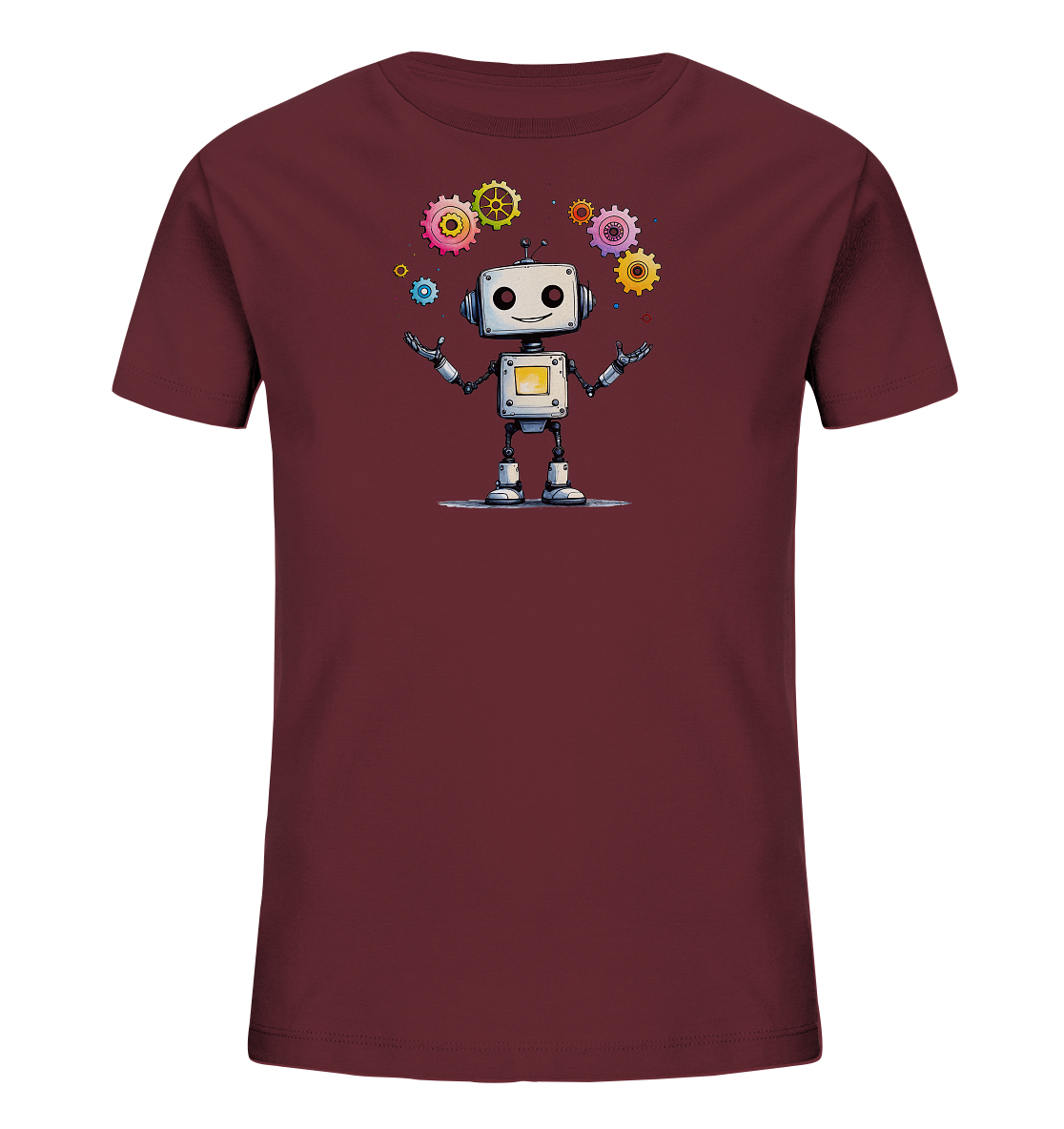 Burgunderfarbenes Kinder-T-Shirt mit fröhlichem Roboter und bunten Zahnrädern.