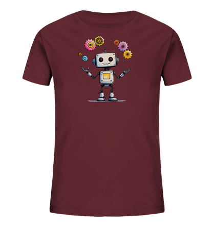 Burgunderfarbenes Kinder-T-Shirt mit fröhlichem Roboter und bunten Zahnrädern.