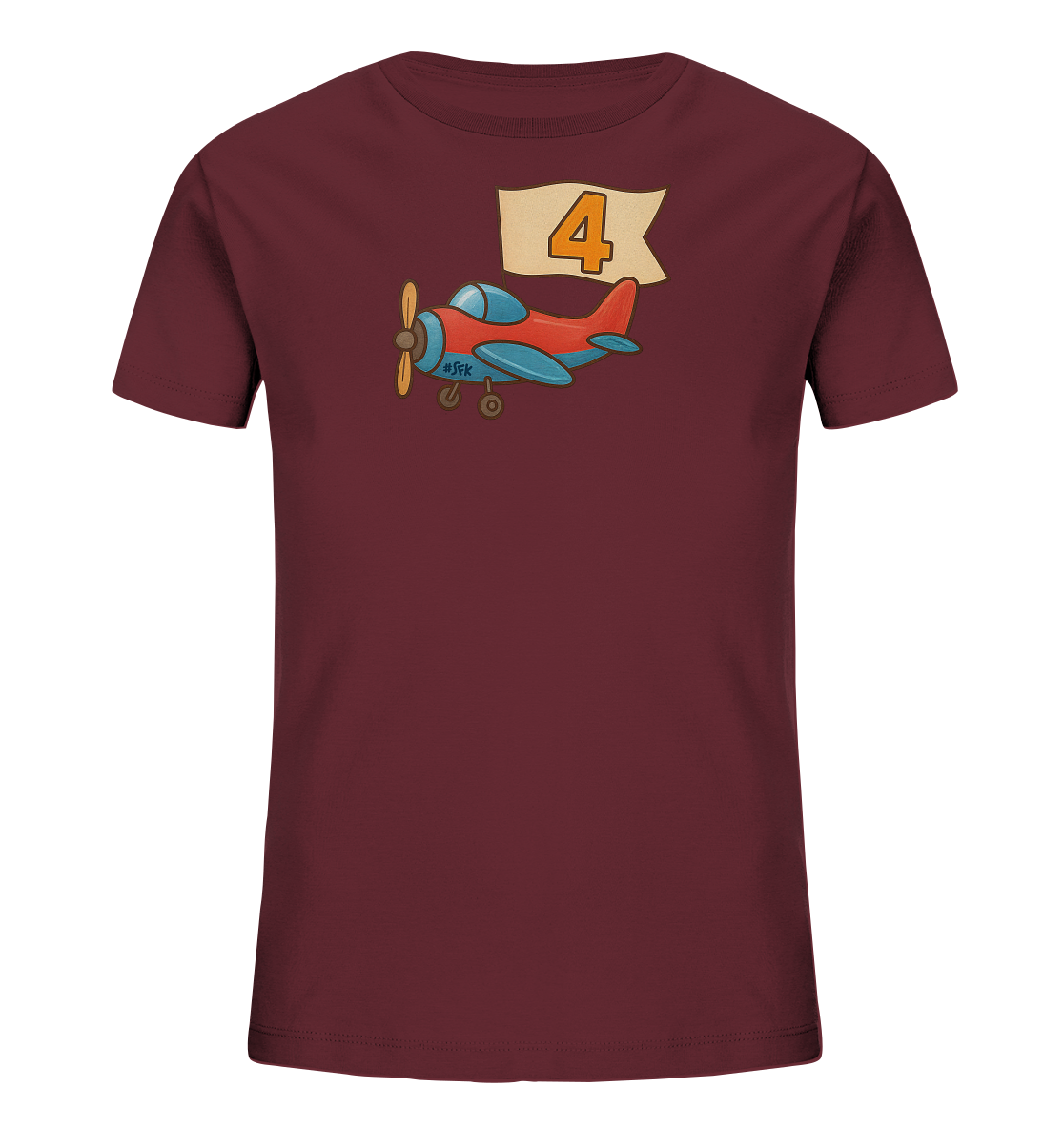 Onlineshop Shirts fuer Kinder - Das Bild zeigt ein dunkelrotes Kinder T-Shirt. Auf der Vorderseite ist eine bunte Illustration eines Flugzeugs zu sehen. Das Flugzeug in Rot und Blau fliegt unter einer beigen Fahne, auf der die Ziffer '4' steht. Dieses Design eignet sich gut fuer kleine Flugzeugfans.