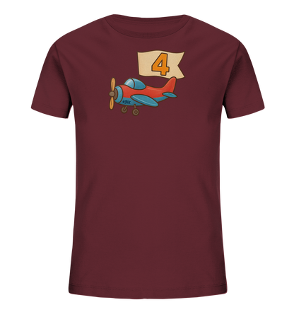 Kinder T-Shirt mit rotem und blauem Flugzeug, Banner und Zahl 4