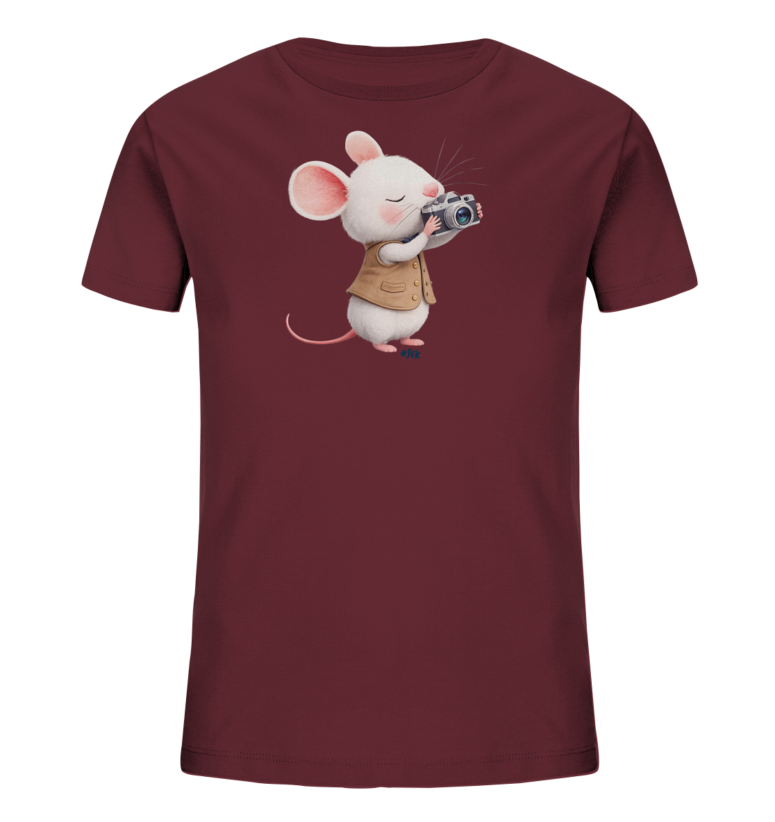 Onlineshop Shirts fuer Kinder - Das Bild zeigt ein burgunderrotes Kinder-T-Shirt mit einem niedlichen Motiv auf der Vorderseite. Eine weisse Cartoon-Maus in einer beigen Weste haelt eine Kamera und blickt aufmerksam durch deren Sucher. Das Design ist detailliert und verleiht dem Shirt einen liebenswerten Ausdruck. Das T-Shirt ist auf einem schlichten, schwarzen Hintergrund abgebildet.