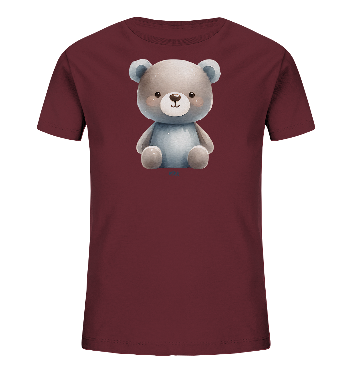 Onlineshop Shirts fuer Kinder - Das Bild zeigt ein dunkelrotes Kinder-T-Shirt mit einem niedlichen Teddybaer-Motiv in Aquarell-Optik. Der Baer sitzt in der Mitte des Shirts und hat ein freundliches Laecheln. Seine Farben sind Grau und Braun, mit zarten rosafarbenen Wangen. Das Design wirkt liebevoll und kindgerecht.