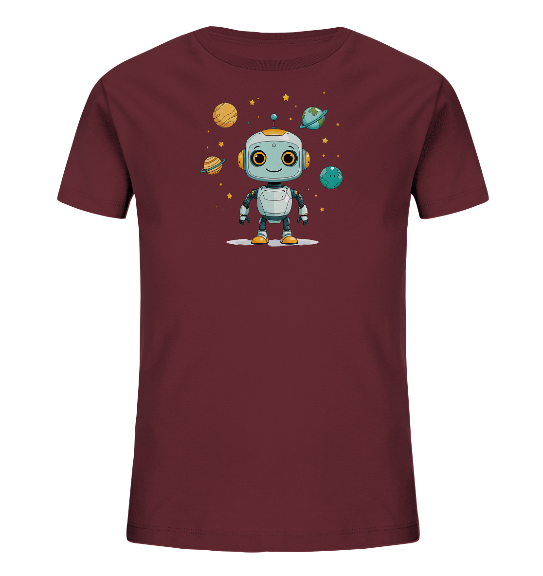 Onlineshop Shirts für Kinder - Das Bild zeigt ein T-Shirt für Kinder in einem dunklen Rotton. Auf der Vorderseite ist eine bunte Illustration eines freundlichen Roboters zu sehen. Der Roboter steht inmitten von mehreren Planeten und gelben Sternen, die im Weltraum schweben. Die Planeten sind detailreich dargestellt, darunter ein Planet mit Ringen ähnlich dem Saturn und einer, der der Erde ähnelt. Das Design hat einen verspielten Weltraum-Touch und ist ansprechend für junge Entdecker.