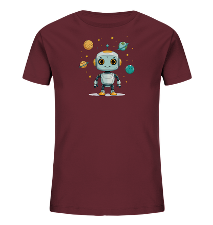 Onlineshop Shirts für Kinder - Das Bild zeigt ein T-Shirt für Kinder in einem dunklen Rotton. Auf der Vorderseite ist eine bunte Illustration eines freundlichen Roboters zu sehen. Der Roboter steht inmitten von mehreren Planeten und gelben Sternen, die im Weltraum schweben. Die Planeten sind detailreich dargestellt, darunter ein Planet mit Ringen ähnlich dem Saturn und einer, der der Erde ähnelt. Das Design hat einen verspielten Weltraum-Touch und ist ansprechend für junge Entdecker.