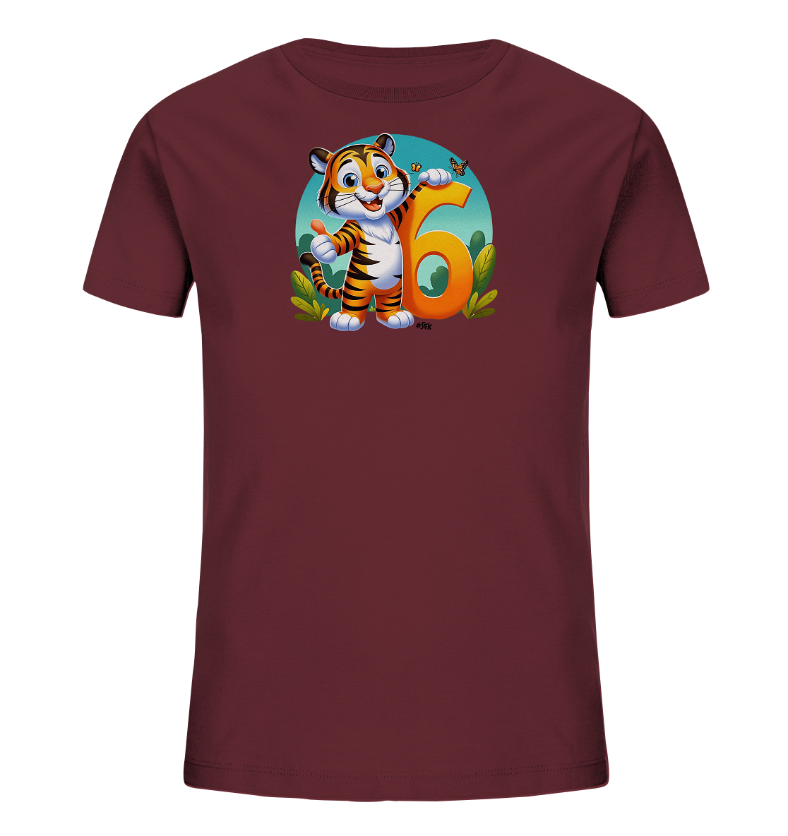 Onlineshop Shirts fuer Kinder - Das Bild zeigt ein bordeauxrotes T-Shirt fuer Kinder. Darauf ist ein laechelnder Cartoon-Tiger abgebildet, der neben einer grossen orangefarbenen Zahl 6 steht und einen Daumen hoch zeigt. Kleine Schmetterlinge fliegen um die Zahl, waehrend gruene Pflanzen den unteren Bereich schmuecken. Das Motiv praesentiert sich in einem bunten, runden Ausschnitt.