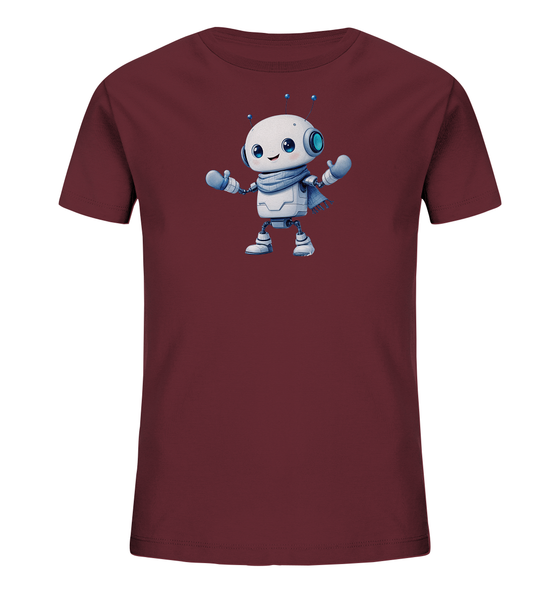 Onlineshop Shirts für Kinder - Das Bild zeigt ein Kinder-T-Shirt in einem dunkelroten, weinroten Farbton. Auf der Vorderseite des Shirts ist eine detailreiche Illustration eines freundlich aussehenden Roboters platziert. Der Roboter ist hauptsächlich in Weiß und Grau gehalten, hat große blaue Augen, trägt einen blauen Schal und blaue Handschuhe. Seine Arme sind geöffnet, was ihm ein einladendes und charmantes Aussehen verleiht.