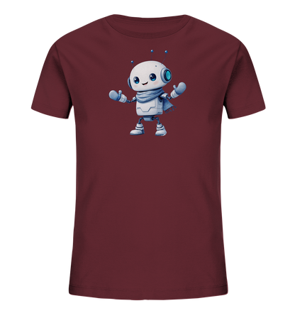 Onlineshop Shirts für Kinder - Das Bild zeigt ein Kinder-T-Shirt in einem dunkelroten, weinroten Farbton. Auf der Vorderseite des Shirts ist eine detailreiche Illustration eines freundlich aussehenden Roboters platziert. Der Roboter ist hauptsächlich in Weiß und Grau gehalten, hat große blaue Augen, trägt einen blauen Schal und blaue Handschuhe. Seine Arme sind geöffnet, was ihm ein einladendes und charmantes Aussehen verleiht.
