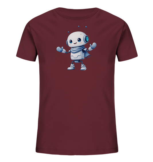 Onlineshop Shirts für Kinder - Das Bild zeigt ein Kinder-T-Shirt in einem dunkelroten, weinroten Farbton. Auf der Vorderseite des Shirts ist eine detailreiche Illustration eines freundlich aussehenden Roboters platziert. Der Roboter ist hauptsächlich in Weiß und Grau gehalten, hat große blaue Augen, trägt einen blauen Schal und blaue Handschuhe. Seine Arme sind geöffnet, was ihm ein einladendes und charmantes Aussehen verleiht.