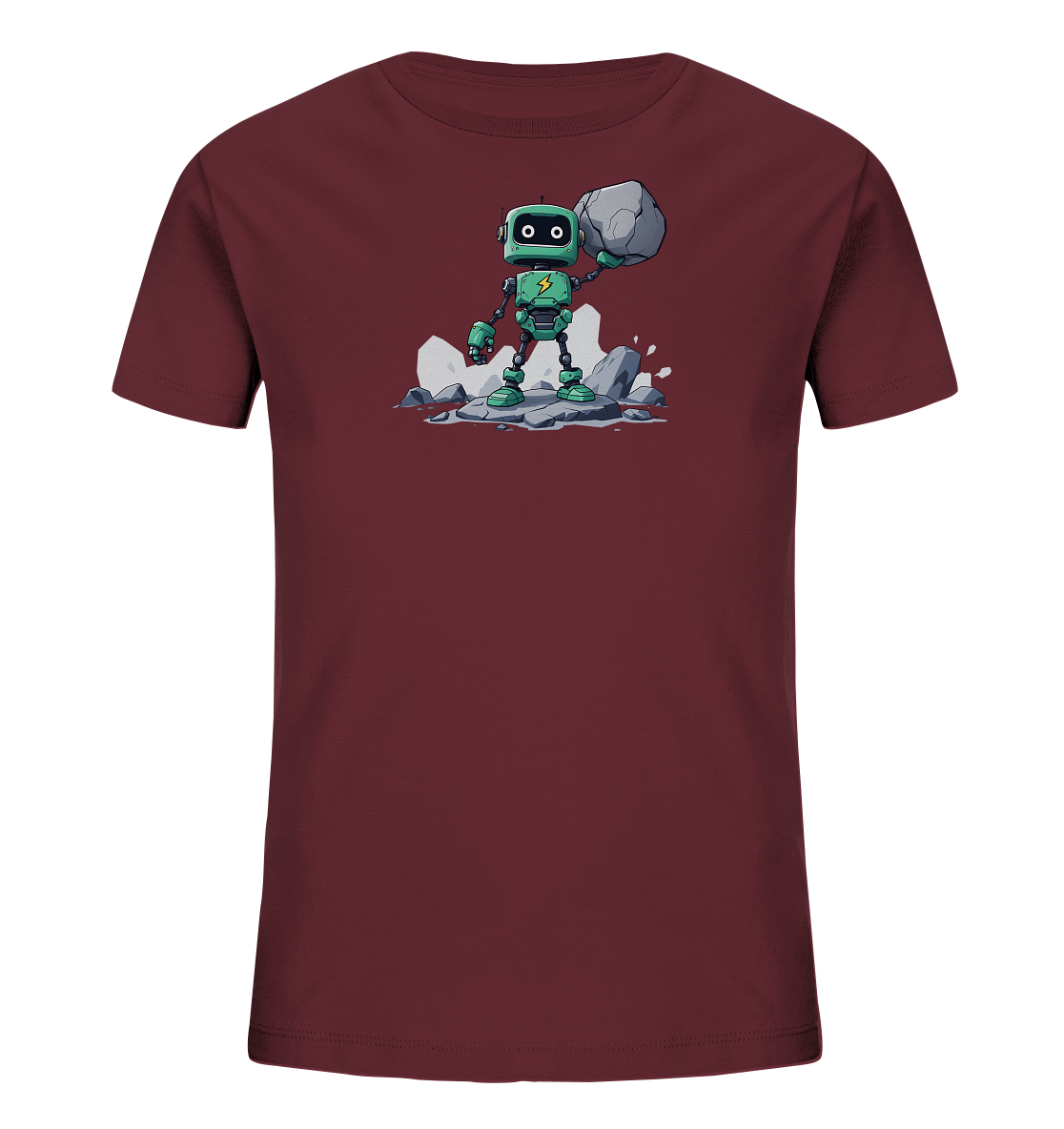 Onlineshop Shirts für Kinder - Das Bild zeigt ein Kinder-T-Shirt in einem dunklen Bordeauxrot. Auf der Vorderseite ist eine Grafik eines kleinen, grünen Roboters zu sehen. Der Roboter steht auf einem Haufen von Felsen und hebt einen großen grauen Stein über seinen Kopf. Er hat große Augen und ein Blitz-Symbol auf der Brust.