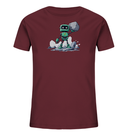 Onlineshop Shirts für Kinder - Das Bild zeigt ein Kinder-T-Shirt in einem dunklen Bordeauxrot. Auf der Vorderseite ist eine Grafik eines kleinen, grünen Roboters zu sehen. Der Roboter steht auf einem Haufen von Felsen und hebt einen großen grauen Stein über seinen Kopf. Er hat große Augen und ein Blitz-Symbol auf der Brust.