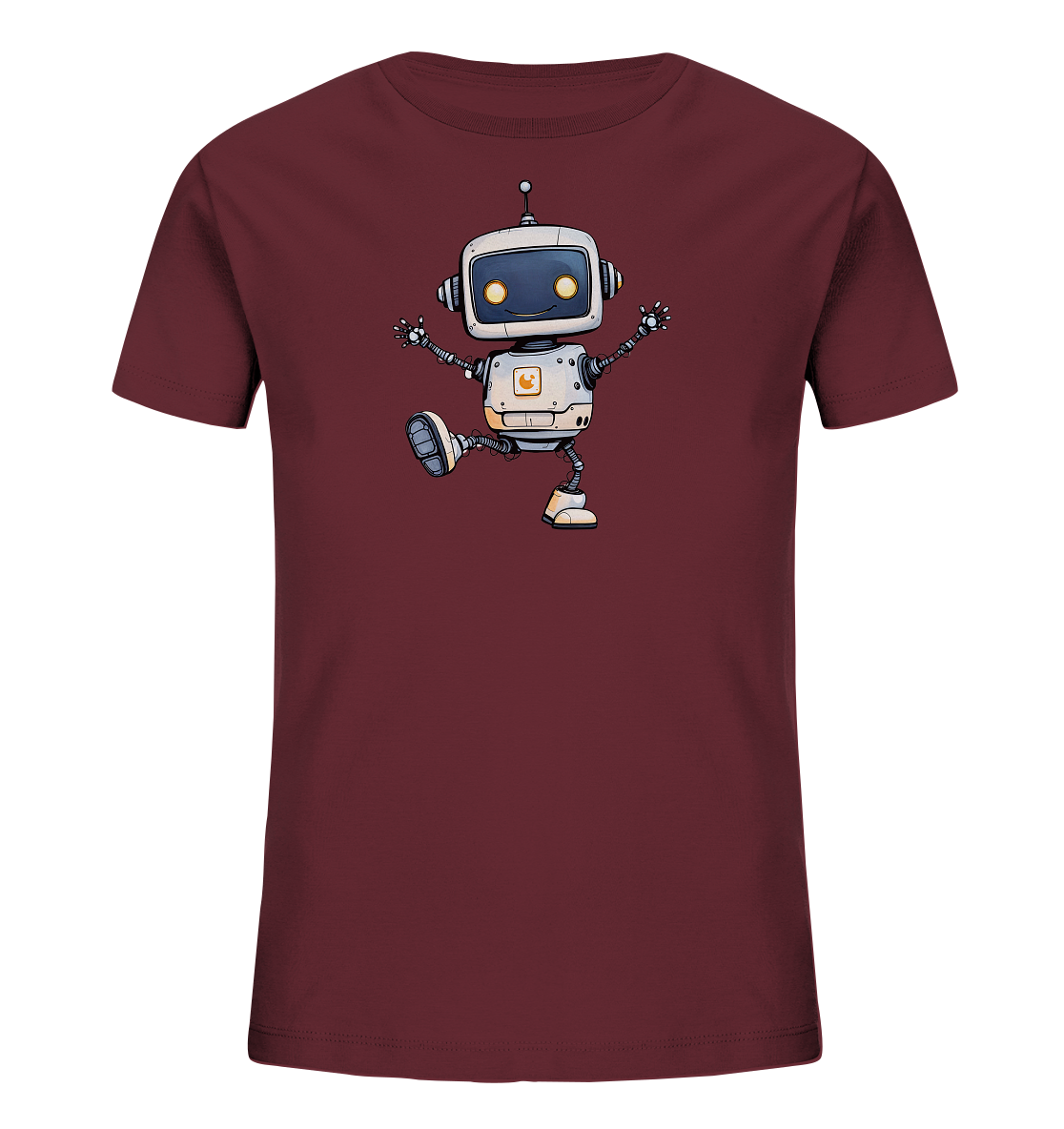 Onlineshop Shirts für Kinder - Das Bild zeigt ein Kinder-T-Shirt in einem tiefen, weinroten Farbton. Auf der Vorderseite ist eine Illustration eines freundlich aussehenden Roboters im Cartoon-Stil zu sehen. Der Roboter ist weiß mit grauen Gelenken und orangefarbenen Akzenten und scheint in einer fröhlichen Pose zu tanzen oder zu springen. Sein Design mit großen Augen und der dynamischen Körperhaltung verleiht dem Shirt einen verspielten und energiegeladenen Charakter.