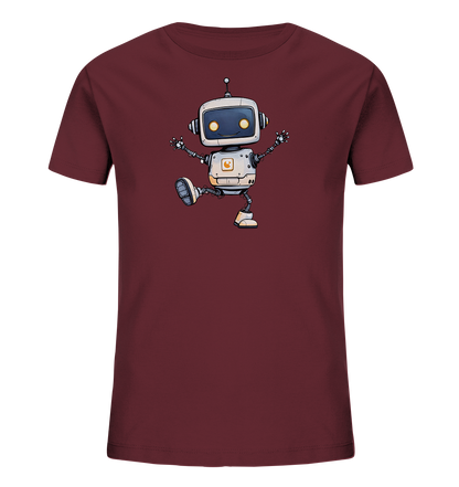 Onlineshop Shirts für Kinder - Das Bild zeigt ein Kinder-T-Shirt in einem tiefen, weinroten Farbton. Auf der Vorderseite ist eine Illustration eines freundlich aussehenden Roboters im Cartoon-Stil zu sehen. Der Roboter ist weiß mit grauen Gelenken und orangefarbenen Akzenten und scheint in einer fröhlichen Pose zu tanzen oder zu springen. Sein Design mit großen Augen und der dynamischen Körperhaltung verleiht dem Shirt einen verspielten und energiegeladenen Charakter.