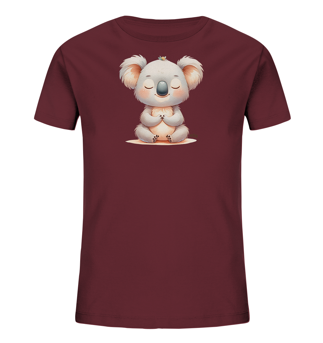 Onlineshop Shirts fuer Kinder - Das Bild zeigt ein dunkelrotes Kinder-T-Shirt mit einer niedlichen Illustration eines meditierenden Koalas auf der Vorderseite. Der Koala sitzt im Schneidersitz, hat die Augen geschlossen und die Pfoten zusammengelegt. Eine kleine gelbe Blume ziert seinen Kopf, was dem Motiv eine ruhige und friedliche Ausstrahlung verleiht.