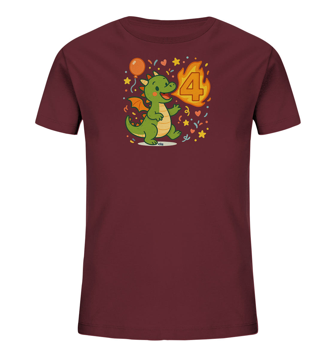 Onlineshop Shirts fuer Kinder - Das Bild zeigt ein dunkelrotes Kinder-T-Shirt mit einem farbenfrohen Druck auf der Vorderseite. Der Druck zeigt einen niedlichen, gruenen Cartoon-Drachen, der froehlich laeuft. Aus seinem Maul kommt eine Flamme, die die Zahl 4 enthaelt. Das Design ist von Konfetti, Sternen, Herzen und einem Ballon umgeben.