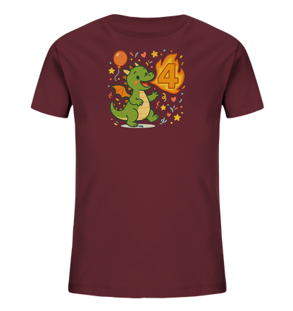 Onlineshop Shirts fuer Kinder - Das Bild zeigt ein dunkelrotes Kinder-T-Shirt mit einem farbenfrohen Druck auf der Vorderseite. Der Druck zeigt einen niedlichen, gruenen Cartoon-Drachen, der froehlich laeuft. Aus seinem Maul kommt eine Flamme, die die Zahl 4 enthaelt. Das Design ist von Konfetti, Sternen, Herzen und einem Ballon umgeben.