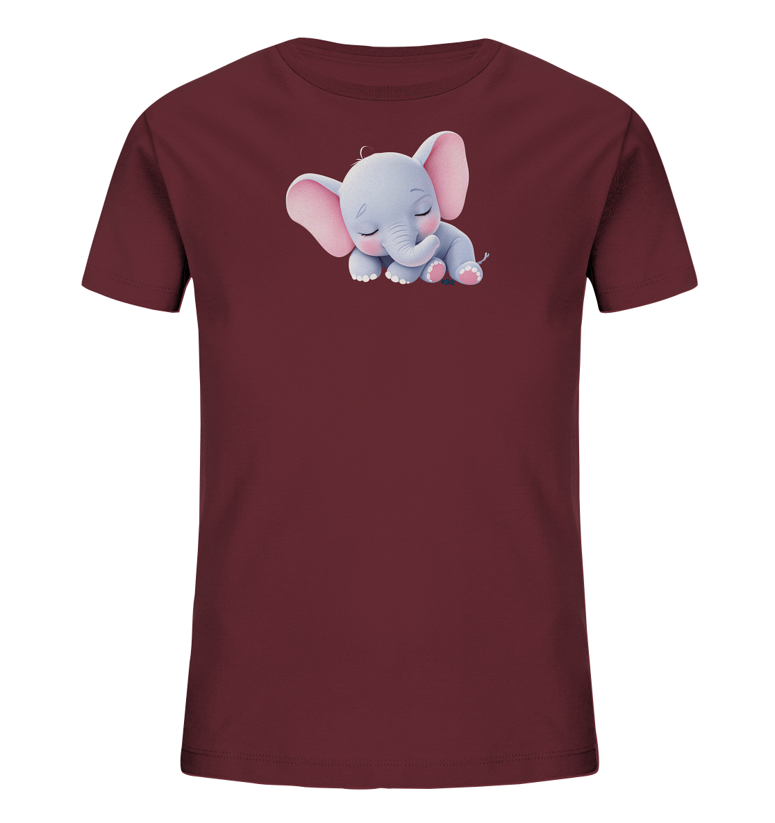 Onlineshop Shirts fuer Kinder - Das Bild zeigt ein dunkelrotes Kinder-T-Shirt mit einem niedlichen, schlafenden Elefantenmotiv. Der kleine Elefant ist hellgrau mit grossen rosafarbenen Ohren und geschlossenen Augen dargestellt. Er liegt friedlich auf dem Shirt und hat kleine rosafarbene Fussdetails. Das Design verleiht dem Shirt einen sanften und verspielten Charakter.