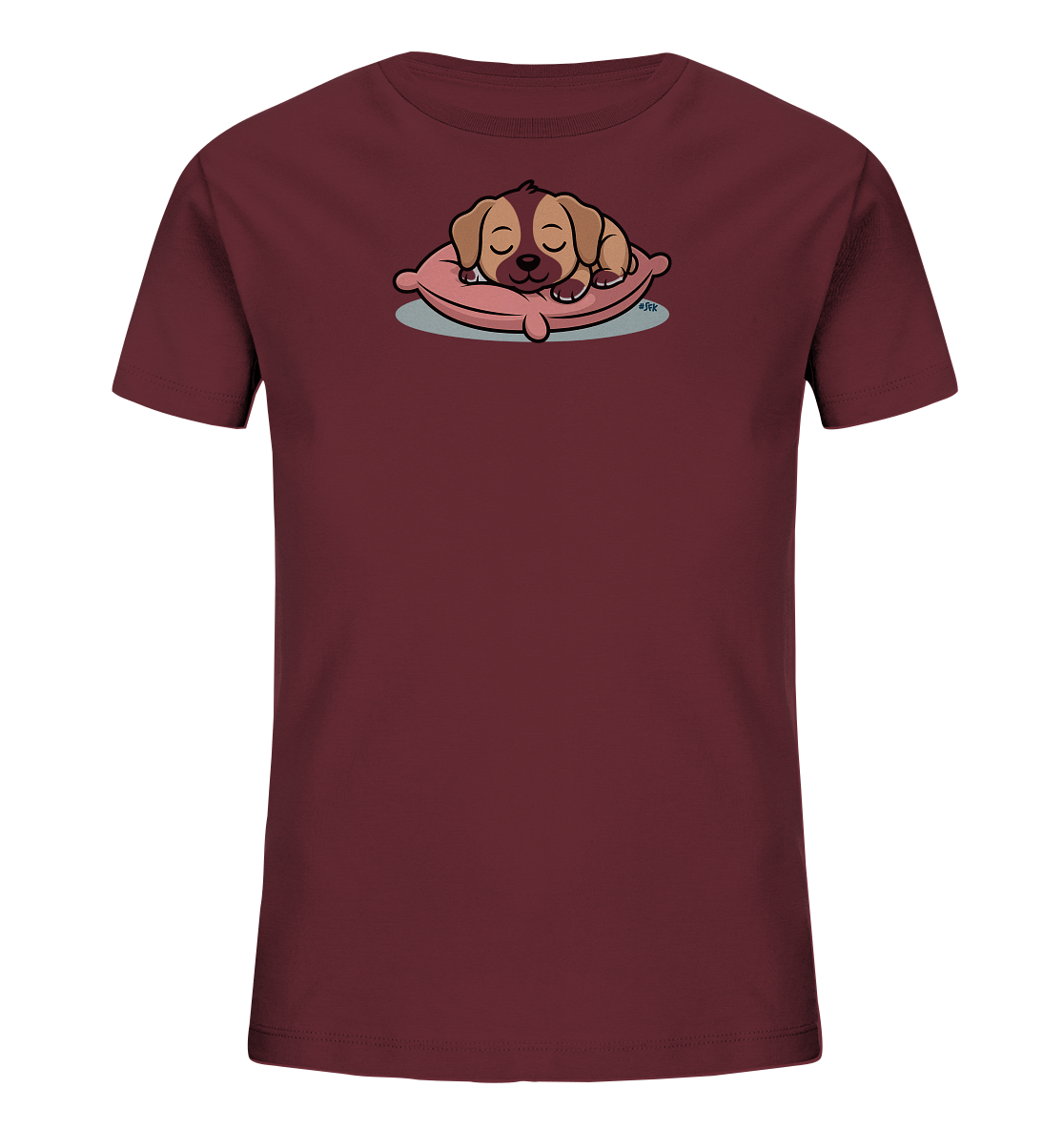 Onlineshop Shirts fuer Kinder - Das Bild zeigt ein dunkelrotes Kinder-T-Shirt mit einem zentral platzierten Motiv. Darauf ist ein schlafender, brauner Welpe zu sehen, der gemuetlich auf einem rosa Kissen liegt. Der Welpe hat geschlossene Augen und wirkt friedlich. Das Design ist niedlich und spricht besonders Kinder an.
