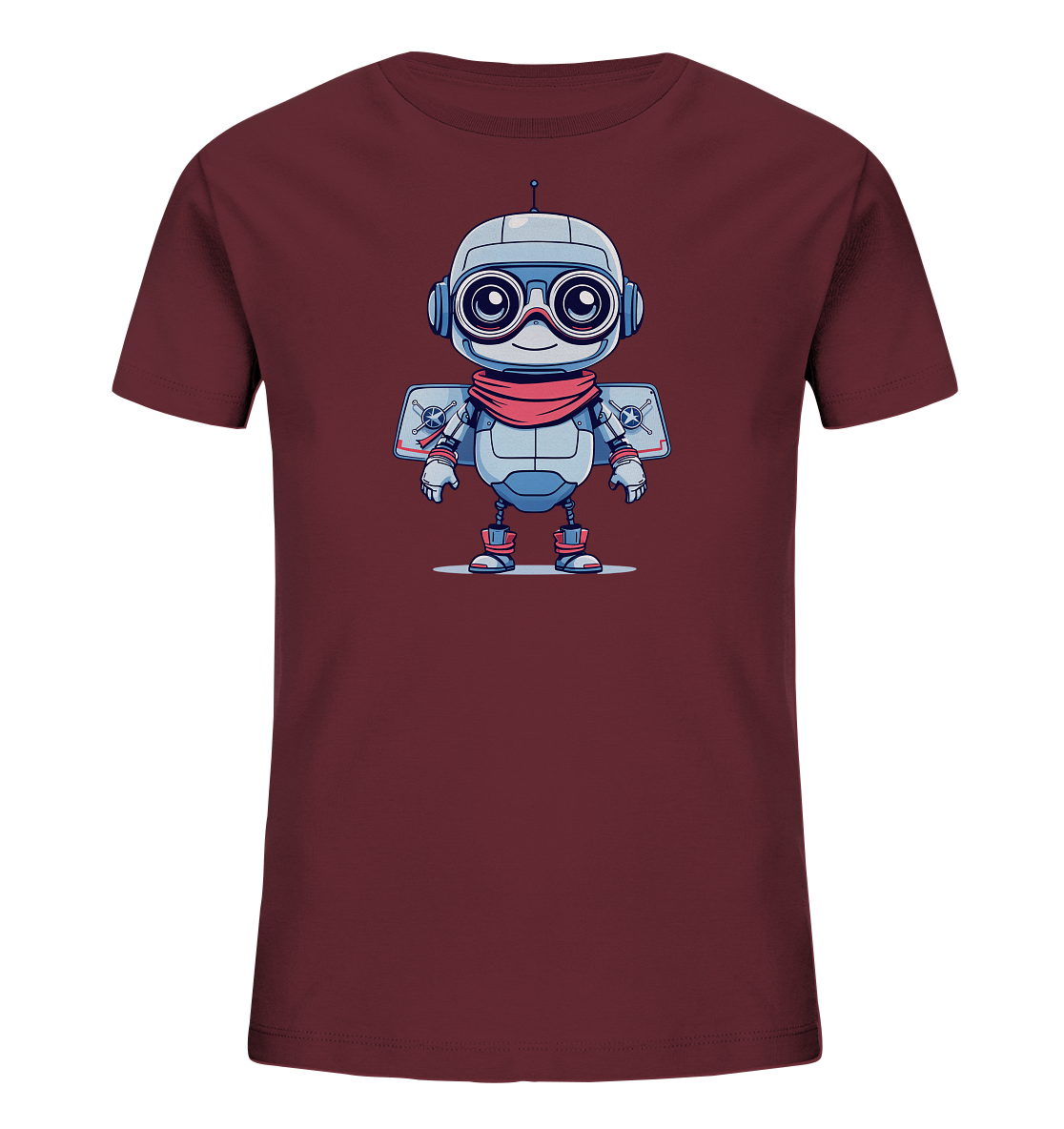 Onlineshop Shirts für Kinder - Dieses Bild zeigt ein dunkelrotes T-Shirt mit einem farbenfrohen Aufdruck auf der Vorderseite. Das Motiv ist ein freundlich aussehender Roboter im Cartoon-Stil, der hellblau-grau mit blauen und roten Akzenten gestaltet ist. Der Roboter trägt eine rote Fliegerhaube oder Goggles sowie einen roten Schal und hat Flügelähnliche Aufbauten am Rücken. Der Aufdruck ist zentral auf dem Shirt platziert und hebt sich deutlich vom Stoff ab.