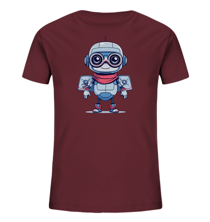 Onlineshop Shirts für Kinder - Dieses Bild zeigt ein dunkelrotes T-Shirt mit einem farbenfrohen Aufdruck auf der Vorderseite. Das Motiv ist ein freundlich aussehender Roboter im Cartoon-Stil, der hellblau-grau mit blauen und roten Akzenten gestaltet ist. Der Roboter trägt eine rote Fliegerhaube oder Goggles sowie einen roten Schal und hat Flügelähnliche Aufbauten am Rücken. Der Aufdruck ist zentral auf dem Shirt platziert und hebt sich deutlich vom Stoff ab.
