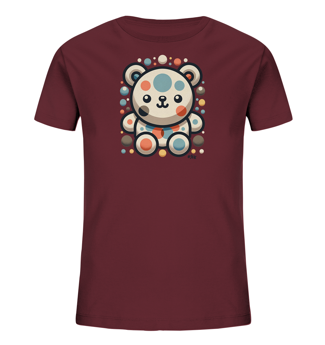 Onlineshop Shirts fuer Kinder - Das Bild zeigt ein dunkelrotes Kinder-T-Shirt mit einem niedlichen, stilisierten Tier auf der Vorderseite. Das Tier hat ein weissliches Gesicht und Koerper mit runden Ohren und bunten Flecken in Blau, Orange und Grau. Es ist von verschiedenfarbigen Kreisen umgeben. Das Design wirkt modern und verspielt, ideal fuer Kinder.