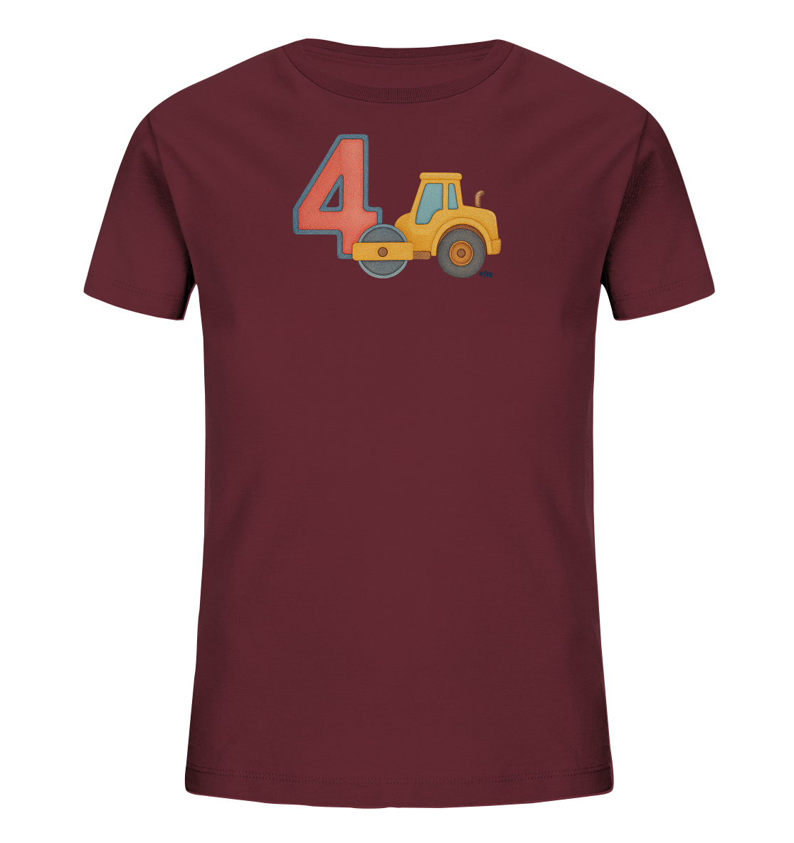 Onlineshop Shirts fuer Kinder - Das Bild zeigt ein dunkelrotes Kinder-T-Shirt mit einem farbigen Druck auf der Vorderseite. Der Druck besteht aus einer grossen, rot-blau umrandeten Zahl '4' und einer daneben stehenden gelben Strassenwalze. Die Walze ist detailliert dargestellt und vervollstaendigt das verspielte Motiv. Das Design ist ansprechend fuer Kinder im entsprechenden Alter.