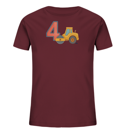Onlineshop Shirts fuer Kinder - Das Bild zeigt ein dunkelrotes Kinder-T-Shirt mit einem farbigen Druck auf der Vorderseite. Der Druck besteht aus einer grossen, rot-blau umrandeten Zahl '4' und einer daneben stehenden gelben Strassenwalze. Die Walze ist detailliert dargestellt und vervollstaendigt das verspielte Motiv. Das Design ist ansprechend fuer Kinder im entsprechenden Alter.
