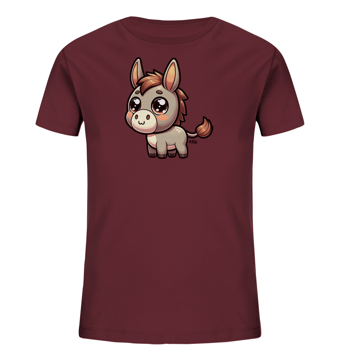 Onlineshop Shirts fuer Kinder - Das Bild zeigt ein Kinder-T-Shirt in einem satten Bordeauxrot. Auf der Vorderseite ist eine suesse, cartoonhafte Darstellung eines Esels zu sehen. Der Esel hat grosse, glaenzende Augen, kleine Ohren und ein freundliches Gesicht. Das Design wirkt verspielt und ansprechend fuer Kinder.