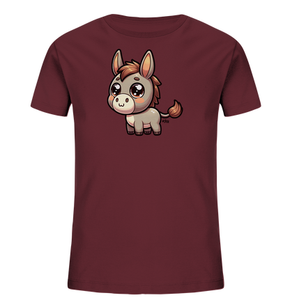 Onlineshop Shirts fuer Kinder - Das Bild zeigt ein Kinder-T-Shirt in einem satten Bordeauxrot. Auf der Vorderseite ist eine suesse, cartoonhafte Darstellung eines Esels zu sehen. Der Esel hat grosse, glaenzende Augen, kleine Ohren und ein freundliches Gesicht. Das Design wirkt verspielt und ansprechend fuer Kinder.