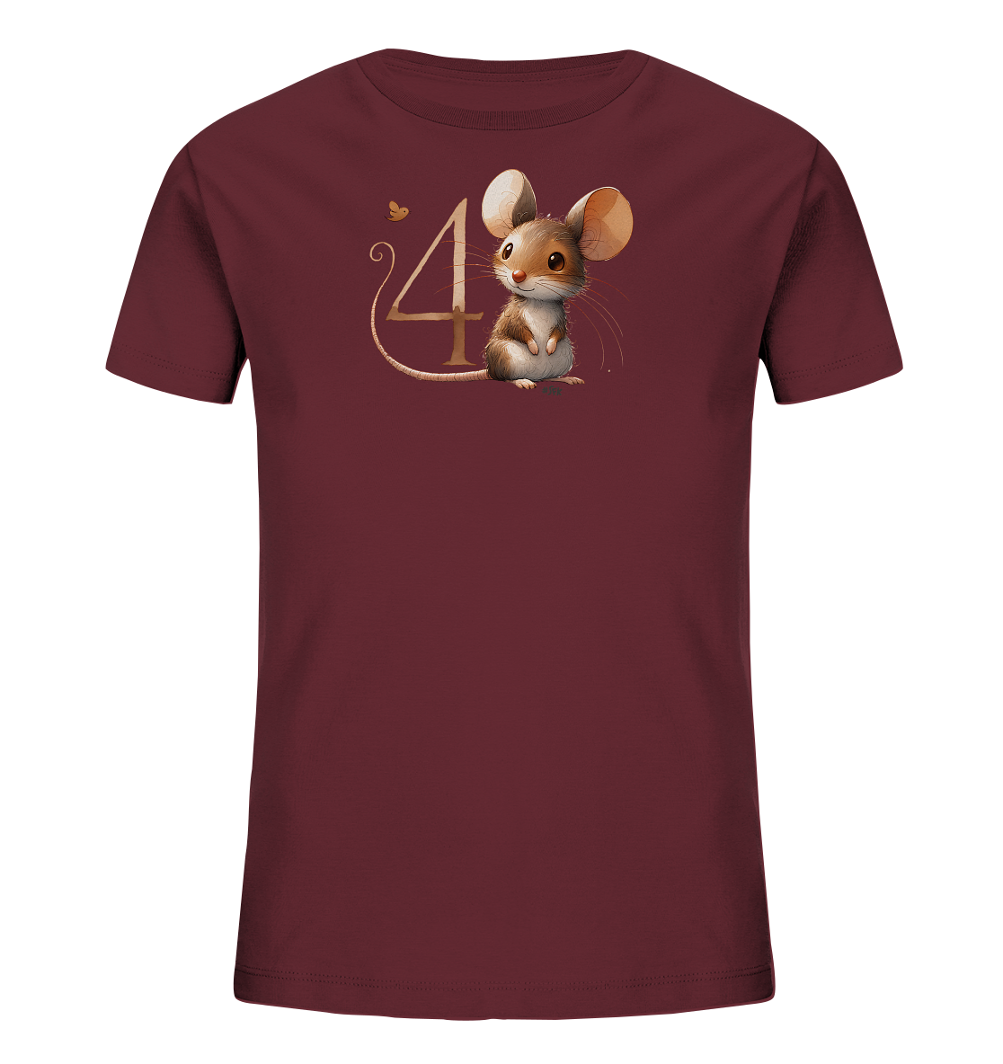 Onlineshop Shirts fuer Kinder - Das Bild zeigt ein dunkelrotes T-Shirt fuer Kinder. Auf der Vorderseite ist eine niedliche Comic-Maus mit grossen Ohren abgebildet. Die Maus sitzt neben einer goldenen, kuenstlerisch gestalteten Zahl "4". Eine kleine goldene Schmetterlingsgrafik ist ebenfalls Teil des Designs.