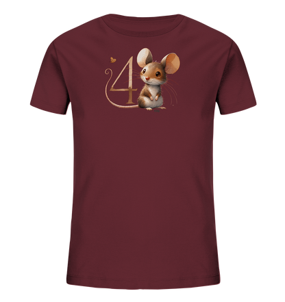 Onlineshop Shirts fuer Kinder - Das Bild zeigt ein dunkelrotes T-Shirt fuer Kinder. Auf der Vorderseite ist eine niedliche Comic-Maus mit grossen Ohren abgebildet. Die Maus sitzt neben einer goldenen, kuenstlerisch gestalteten Zahl "4". Eine kleine goldene Schmetterlingsgrafik ist ebenfalls Teil des Designs.