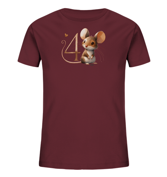 Onlineshop Shirts fuer Kinder - Das Bild zeigt ein dunkelrotes T-Shirt fuer Kinder. Auf der Vorderseite ist eine niedliche Comic-Maus mit grossen Ohren abgebildet. Die Maus sitzt neben einer goldenen, kuenstlerisch gestalteten Zahl "4". Eine kleine goldene Schmetterlingsgrafik ist ebenfalls Teil des Designs.