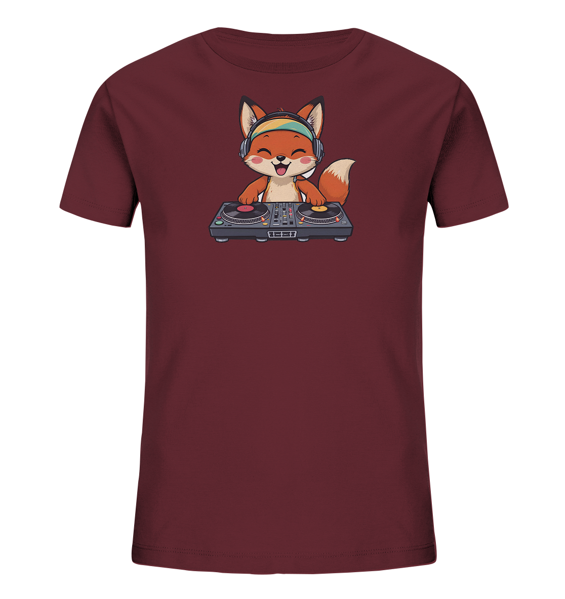 Onlineshop Shirts fuer Kinder - Das Bild zeigt ein dunkelrotes Kinder-T-Shirt mit einem verspielten Aufdruck auf der Vorderseite. Zu sehen ist ein freundlicher, cartoonhafter Fuchs, der Kopfhoerer traegt und hinter einem DJ-Mischpult steht. Der Fuchs lacht mit geschlossenen Augen und leicht herausgestreckter Zunge, was dem Design eine froehliche Ausstrahlung verleiht. Die Grafik ist farbenfroh und detailreich gestaltet.