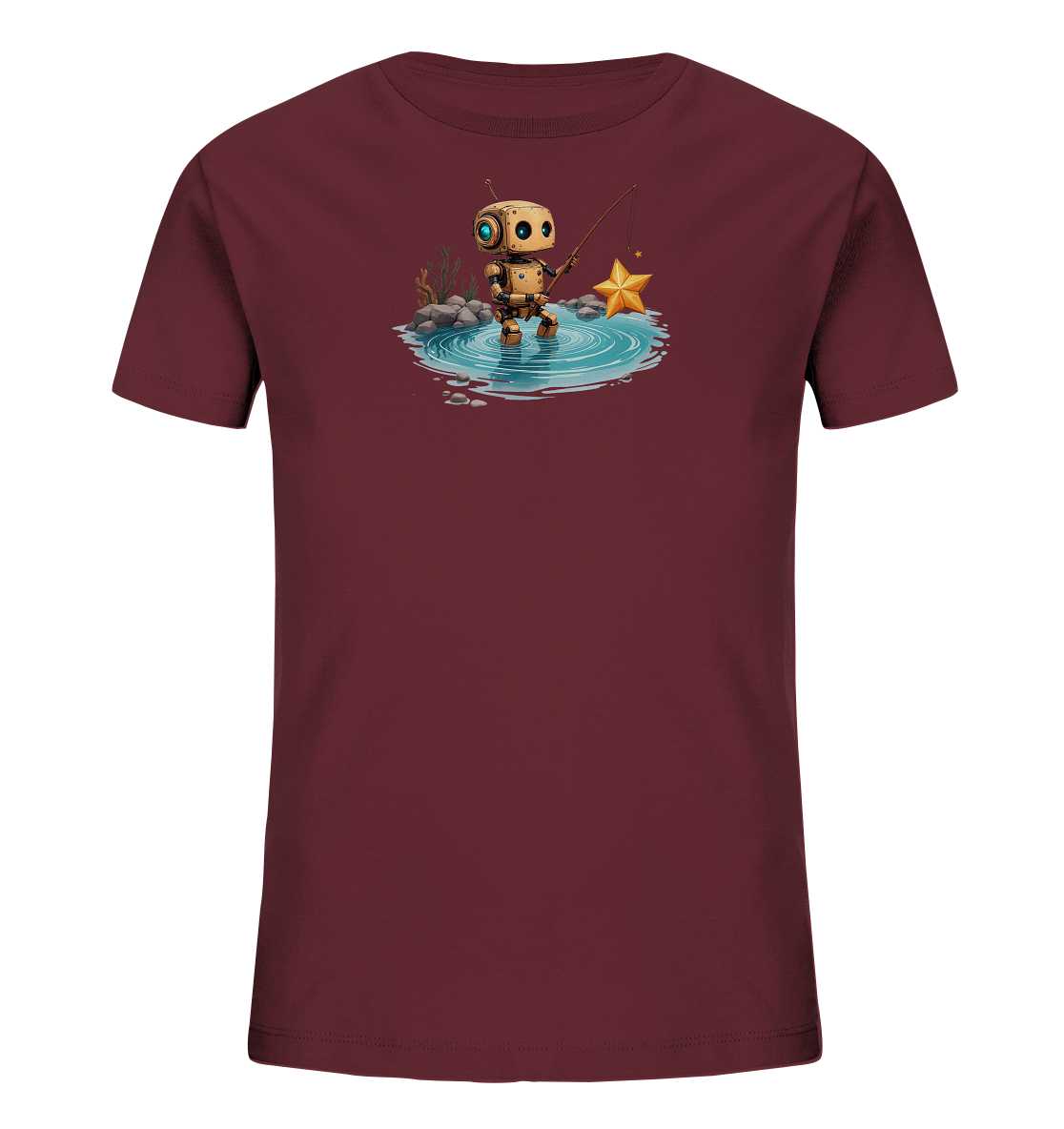 Onlineshop Shirts für Kinder - Das Bild zeigt ein Kindert-Shirt in einem dunklen Bordeaux- oder Maroonton. Auf der Vorderseite ist ein niedliches Grafikdesign eines kleinen, goldenen Roboters abgebildet. Der Roboter steht in einer Pfütze mit Wasserringen und angelt mit einer Rute, an der ein großer, leuchtend goldener Stern hängt. Im Hintergrund sind einige Felsen und stilisierte Pflanzen zu sehen, was dem Motiv eine verspielte Szenerie verleiht.