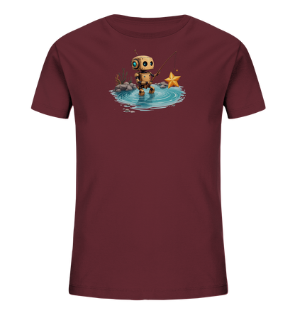 Onlineshop Shirts für Kinder - Das Bild zeigt ein Kindert-Shirt in einem dunklen Bordeaux- oder Maroonton. Auf der Vorderseite ist ein niedliches Grafikdesign eines kleinen, goldenen Roboters abgebildet. Der Roboter steht in einer Pfütze mit Wasserringen und angelt mit einer Rute, an der ein großer, leuchtend goldener Stern hängt. Im Hintergrund sind einige Felsen und stilisierte Pflanzen zu sehen, was dem Motiv eine verspielte Szenerie verleiht.