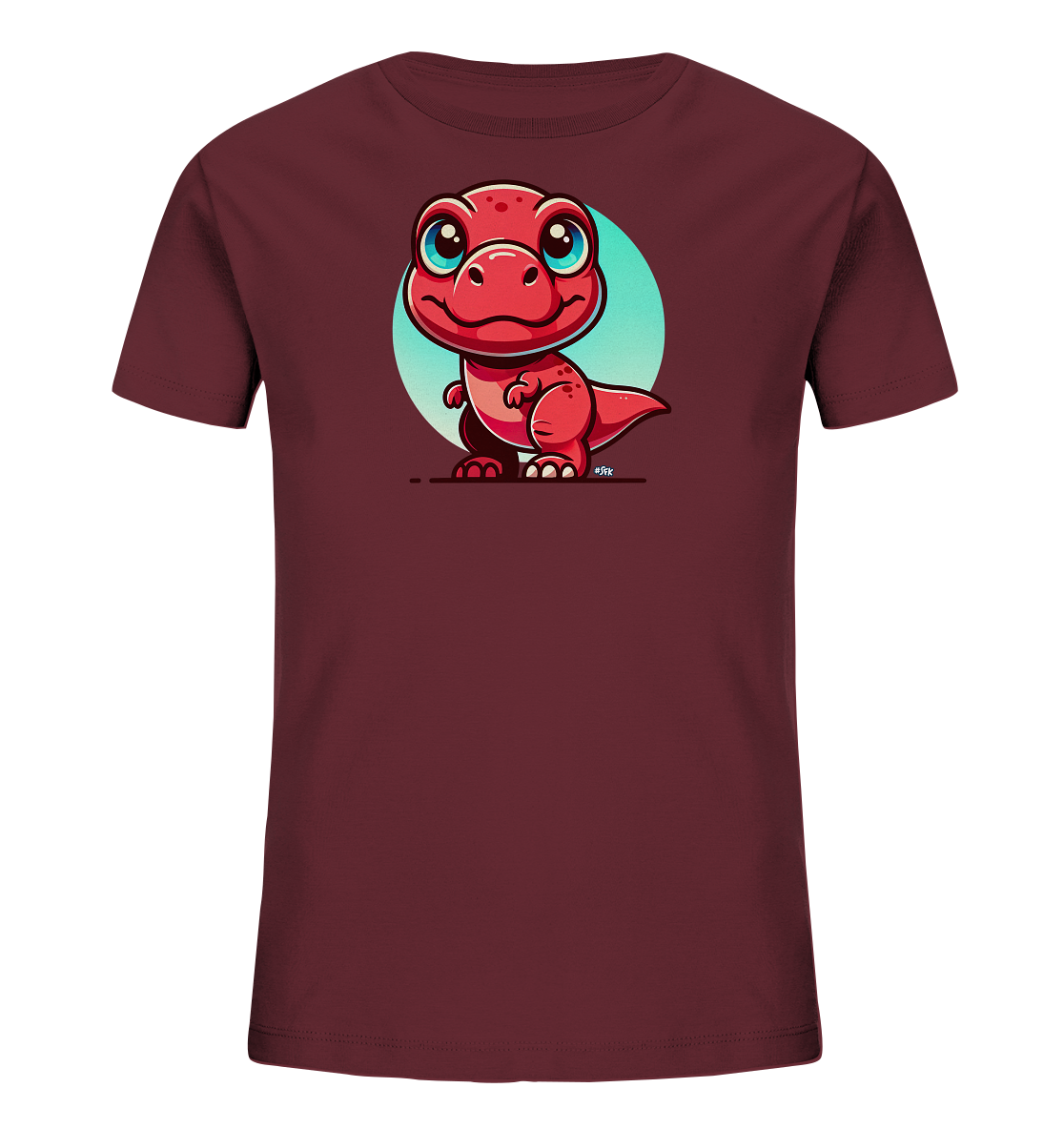 Onlineshop Shirts für Kinder - Das Bild zeigt ein Kinder-T-Shirt in einem dunklen Rotton, wie zum Beispiel Bordeaux. Auf der Vorderseite ist eine süße, cartoonhafte Illustration eines kleinen, roten Dinosauriers zu sehen. Der Dinosaurier hat große, blaue Augen und lächelt freundlich, platziert vor einem hellblauen Kreis. Dieses Motiv verleiht dem T-Shirt einen verspielten Charakter, der besonders für Kinder ansprechend ist.