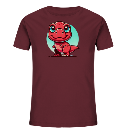 Onlineshop Shirts für Kinder - Das Bild zeigt ein Kinder-T-Shirt in einem dunklen Rotton, wie zum Beispiel Bordeaux. Auf der Vorderseite ist eine süße, cartoonhafte Illustration eines kleinen, roten Dinosauriers zu sehen. Der Dinosaurier hat große, blaue Augen und lächelt freundlich, platziert vor einem hellblauen Kreis. Dieses Motiv verleiht dem T-Shirt einen verspielten Charakter, der besonders für Kinder ansprechend ist.