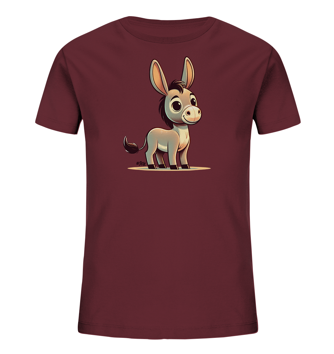 Onlineshop Shirts fuer Kinder - Dieses dunkelrote T-Shirt zeigt eine suesse, cartoonartige Illustration eines Esels. Der freundlich blickende Esel mit grossen Ohren ist mittig platziert.