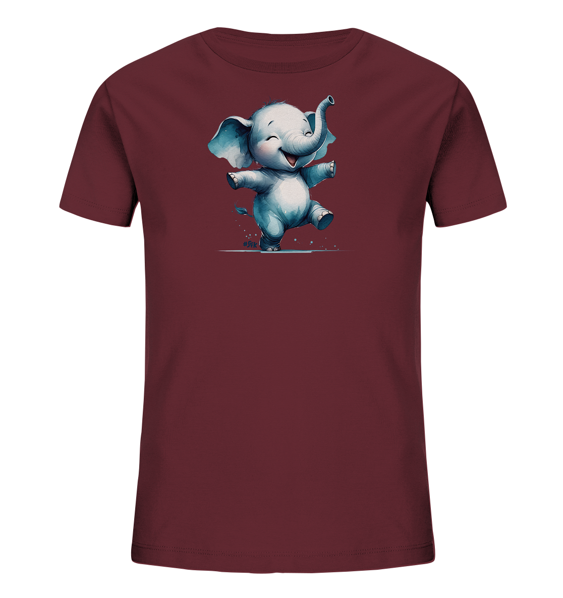 Onlineshop Shirts fuer Kinder - Dieses dunkelrote Kinder-T-Shirt zeigt eine niedliche Illustration eines gluecklichen Elefanten. Der Cartoon-Elefant steht auf einem Bein, die Arme weit geoeffnet und der Ruessel erhoben, was eine froehliche Bewegung suggeriert. Das Design ist in hellen Grautoenen gehalten und hat eine verspielte Ausstrahlung, ideal fuer Kinder. Es gibt kleine grafische Details am Boden, die Spritzer darstellen koennten.