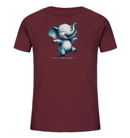 Onlineshop Shirts fuer Kinder - Dieses dunkelrote Kinder-T-Shirt zeigt eine niedliche Illustration eines gluecklichen Elefanten. Der Cartoon-Elefant steht auf einem Bein, die Arme weit geoeffnet und der Ruessel erhoben, was eine froehliche Bewegung suggeriert. Das Design ist in hellen Grautoenen gehalten und hat eine verspielte Ausstrahlung, ideal fuer Kinder. Es gibt kleine grafische Details am Boden, die Spritzer darstellen koennten.