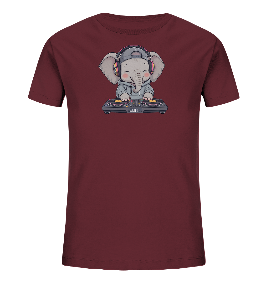 Onlineshop Shirts fuer Kinder - Das Bild zeigt ein bordeauxrotes T-Shirt fuer Kinder. Auf der Vorderseite ist ein niedlicher Elefant in einem grauen Hoodie und mit Kopfhoerern dargestellt. Der Elefant sitzt hinter einem DJ-Mischpult mit zwei Plattenspielern. Das Motiv wirkt verspielt und modern.