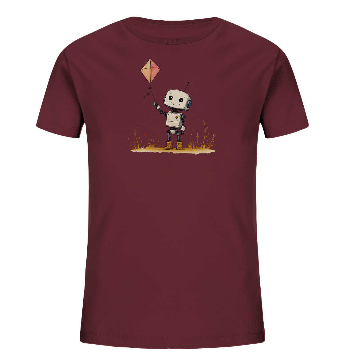 Onlineshop Shirts für Kinder - Das Bild zeigt ein Kinder-T-Shirt in einem dunklen Burgunder- oder Marronton. Auf der Vorderseite ist eine liebenswerte Illustration eines kleinen, lächelnden Roboters zu sehen. Der Roboter hält die Schnur eines kleinen, rautenförmigen Drachens in die Höhe. Unter dem Roboter ist eine stilisierte Wiese mit Grashalmen und kleinen Pflanzen dargestellt. Das Design wirkt fröhlich und verspielt, ideal für Kinder.