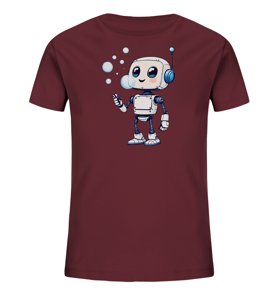 Onlineshop Shirts für Kinder - Das Bild zeigt ein dunkelrotes Kinder-T-Shirt, präsentiert auf einem schwarzen Hintergrund. Auf der Vorderseite des Shirts ist eine Illustration eines freundlichen, cartoonhaften Roboters zu sehen. Der kleine Roboter hat ein weißes Gehäuse mit blauen Akzenten und pustet eine Reihe von Seifenblasen. Die Darstellung wirkt fröhlich und verspielt, ideal für Kinderkleidung.